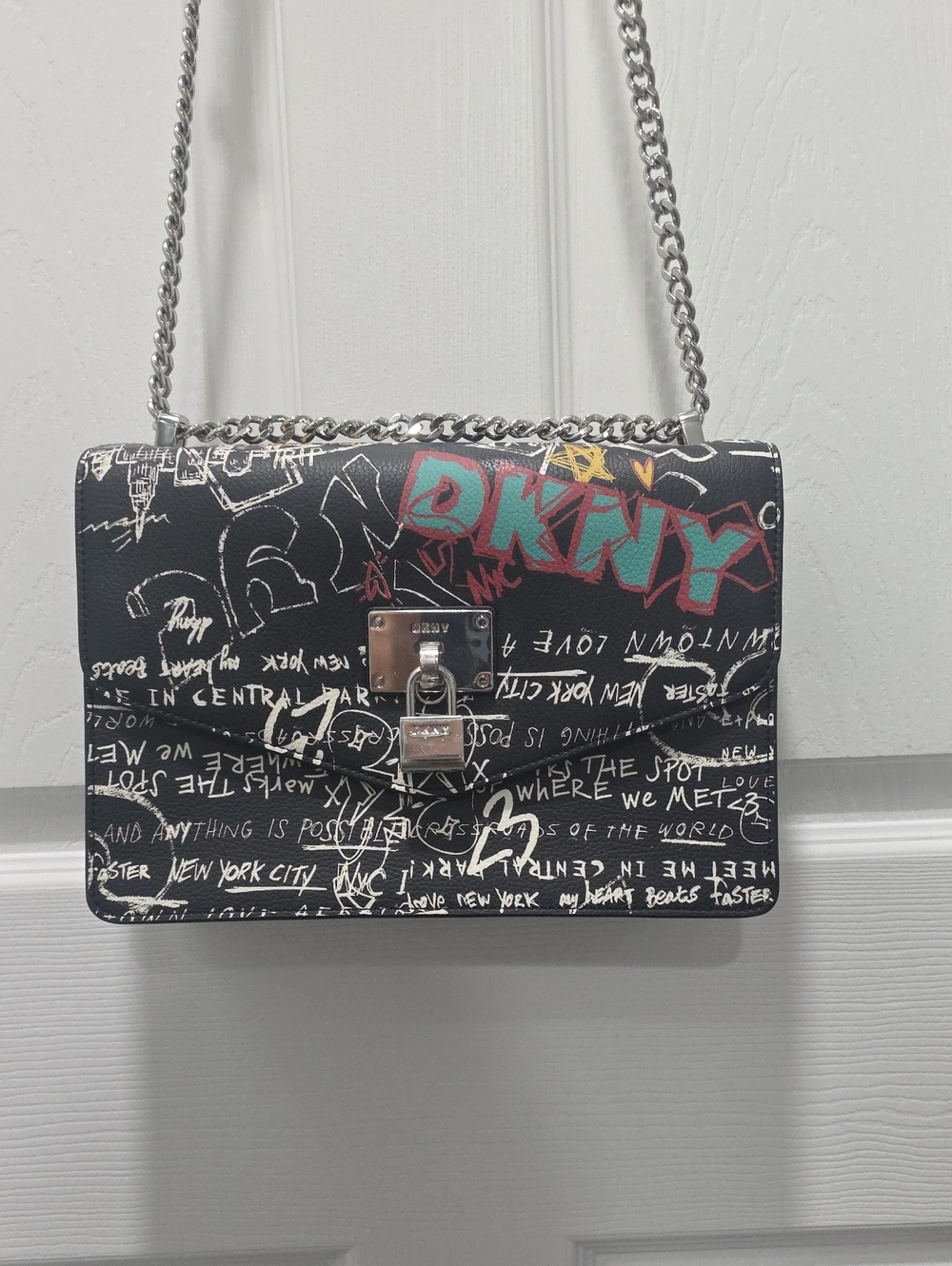 DKNY Black Graffiti Print Chain Crossbody Bag with Teal & Yellow Accents